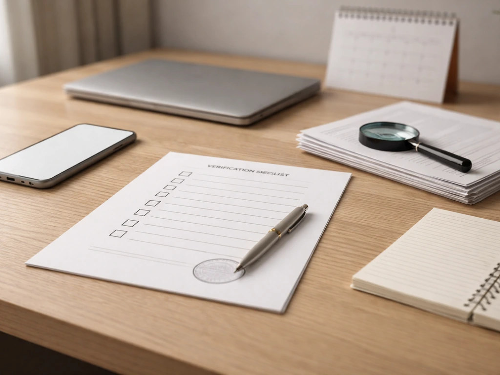 Minimal office desk scene with checklist-style notes, smartphone, and a magnifying glass for verification.