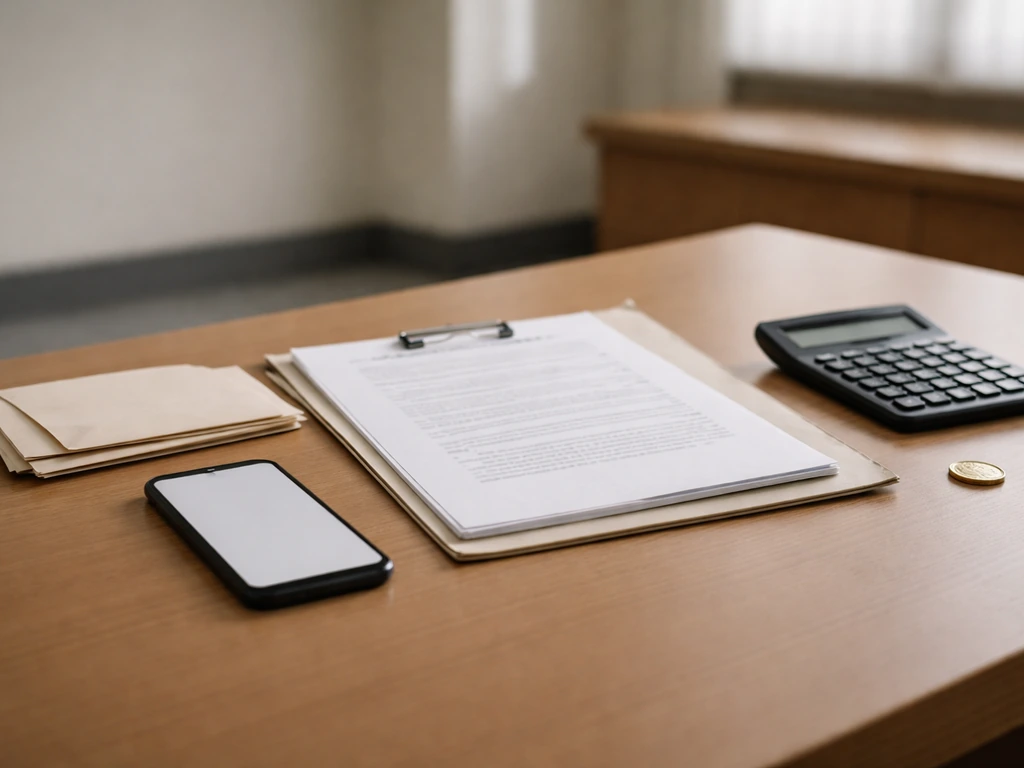 Minimal desk scene with an open folder of documents, calculator, and envelopes symbolizing net-worth estimates.