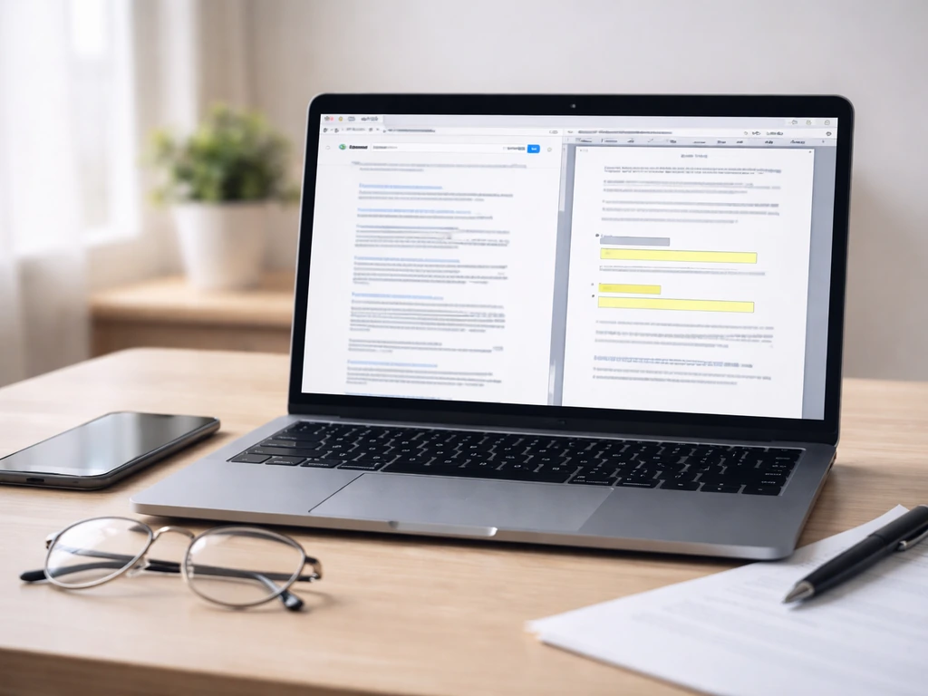 Minimal desk scene with laptop search results and a PDF asset declaration side-by-side, fields highlighted.