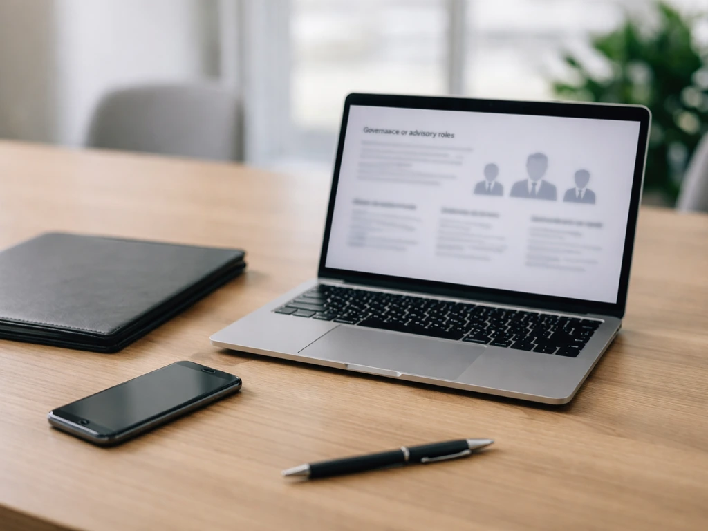 Minimal desk scene with an open laptop showing a blurred governance slide, folder and pen in natural light.