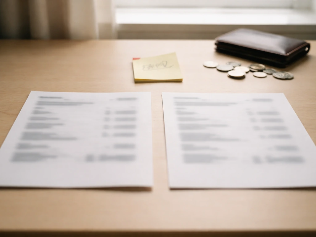 Minimal desk scene with two blurred documents and a warning-like sticky note about mismatched estimates