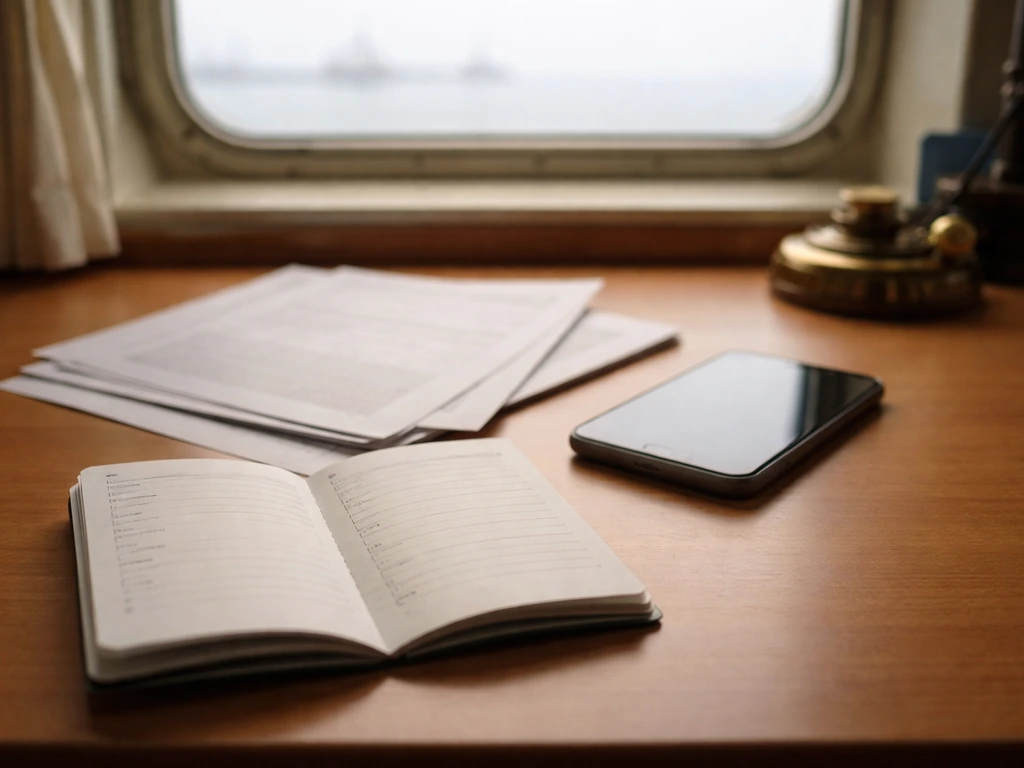 Minimal photo of an anonymous shipping captain workspace with a passport, papers, and a smartphone for verifying identit