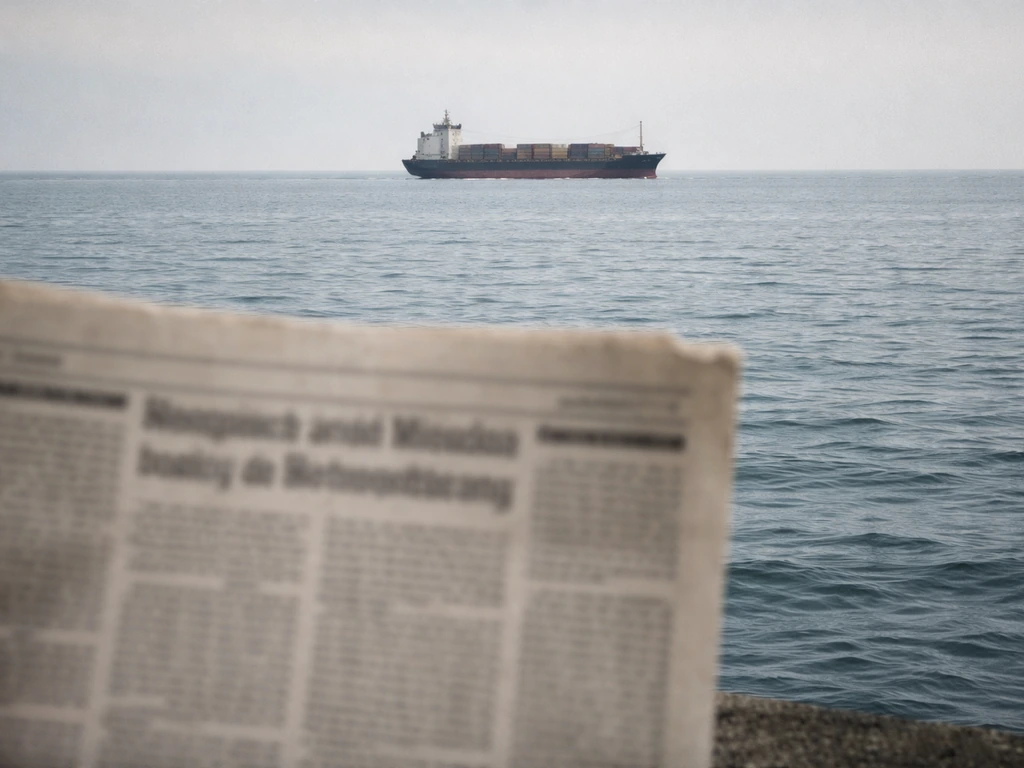 Minimal photo of a cargo ship on gray water with a newspaper-style frame hinting at public shipping reports.