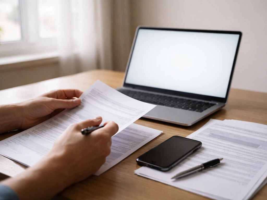 Open laptop with verification notes beside scattered documents in a quiet home office setting