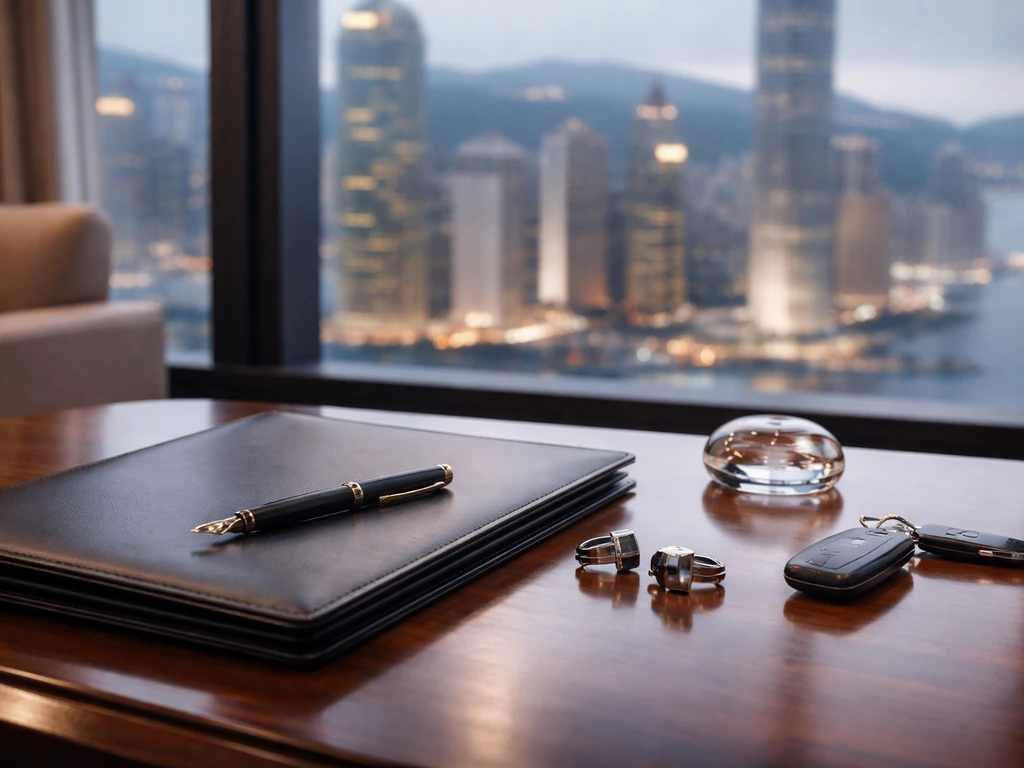 Minimal luxury office desk with pen and documents, with a blurred Hong Kong skyline in the background.