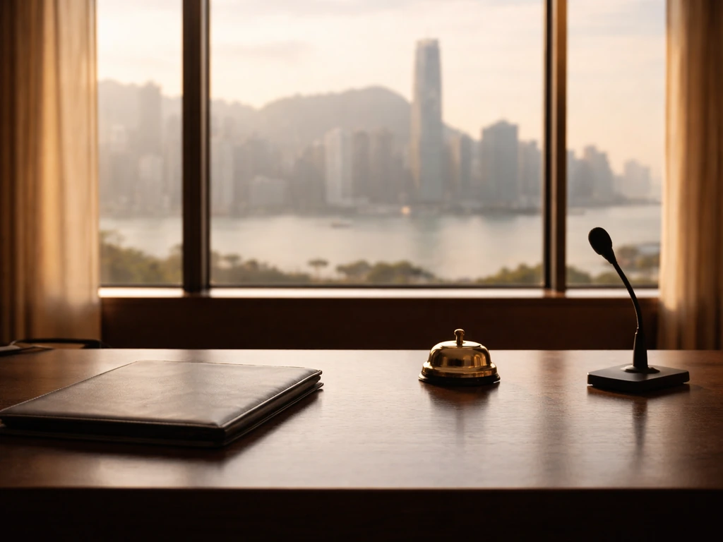 Minimal executive office scene with a microphone and skyline view, symbolizing high-level business leadership.