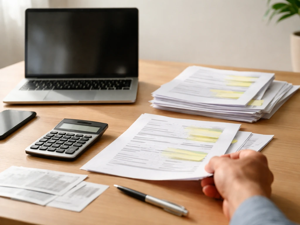 Minimal desk scene with annual report pages, calculator, and laptop suggesting share-price net worth estimating steps.