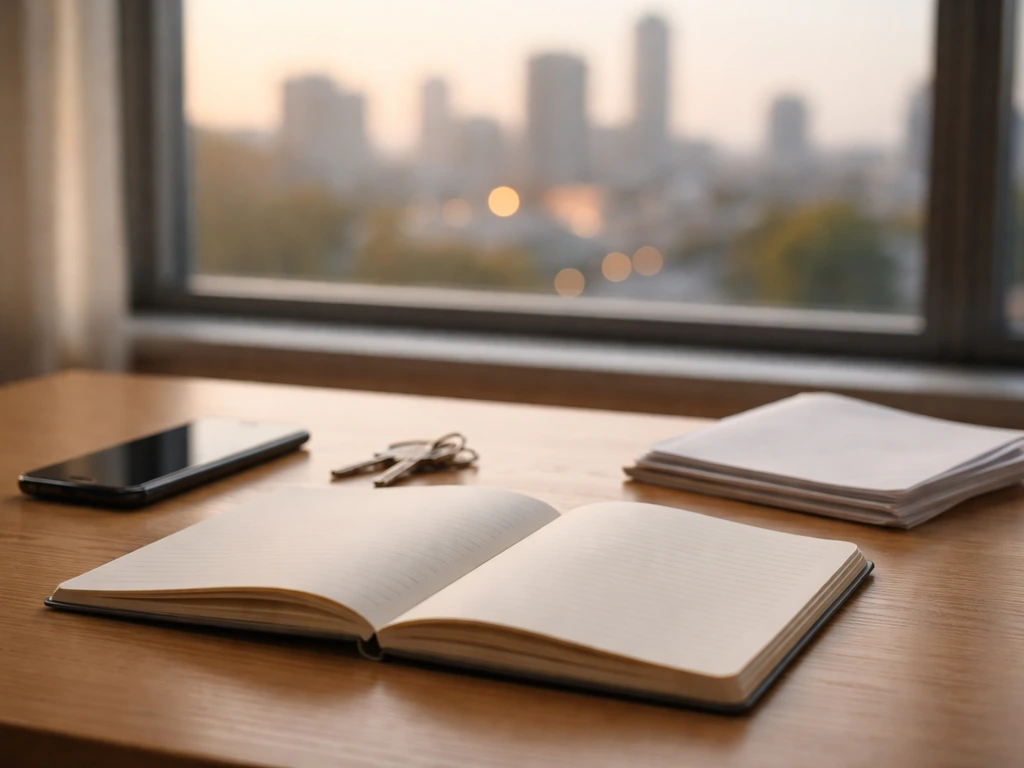 Minimal desk scene with an open notebook, smartphone, and keys beside a blurred city view, suggesting verified wealth re