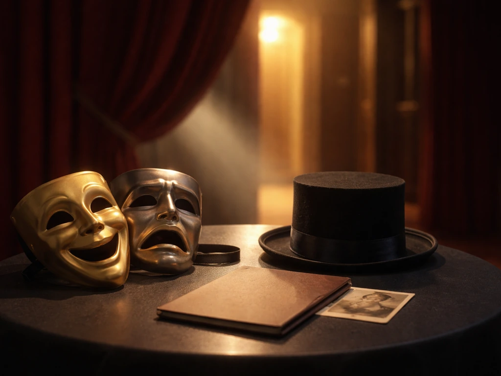 Minimal photo showing a desk with a stage mask, spotlight beam, and a passport-like folder indicating Romanian entertain