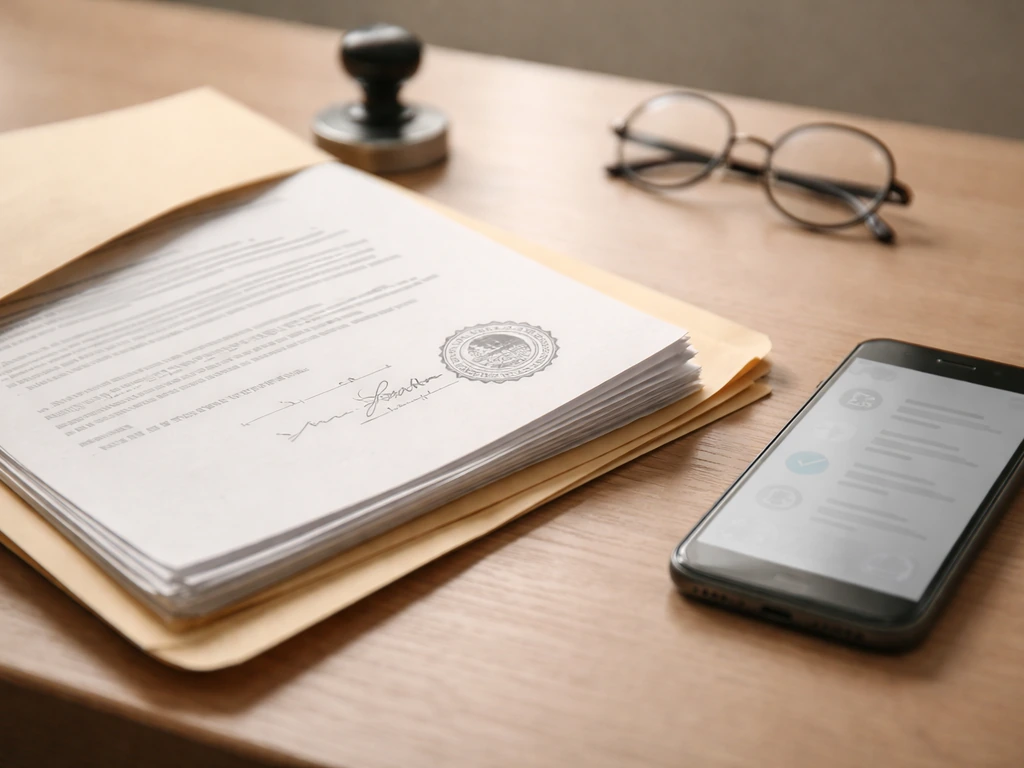 Close-up of an anonymous notary-style document folder and a smartphone showing public-record verification icons