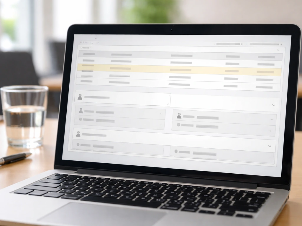 Close-up of a laptop with a generic trade registry results UI layout for checking company roles.