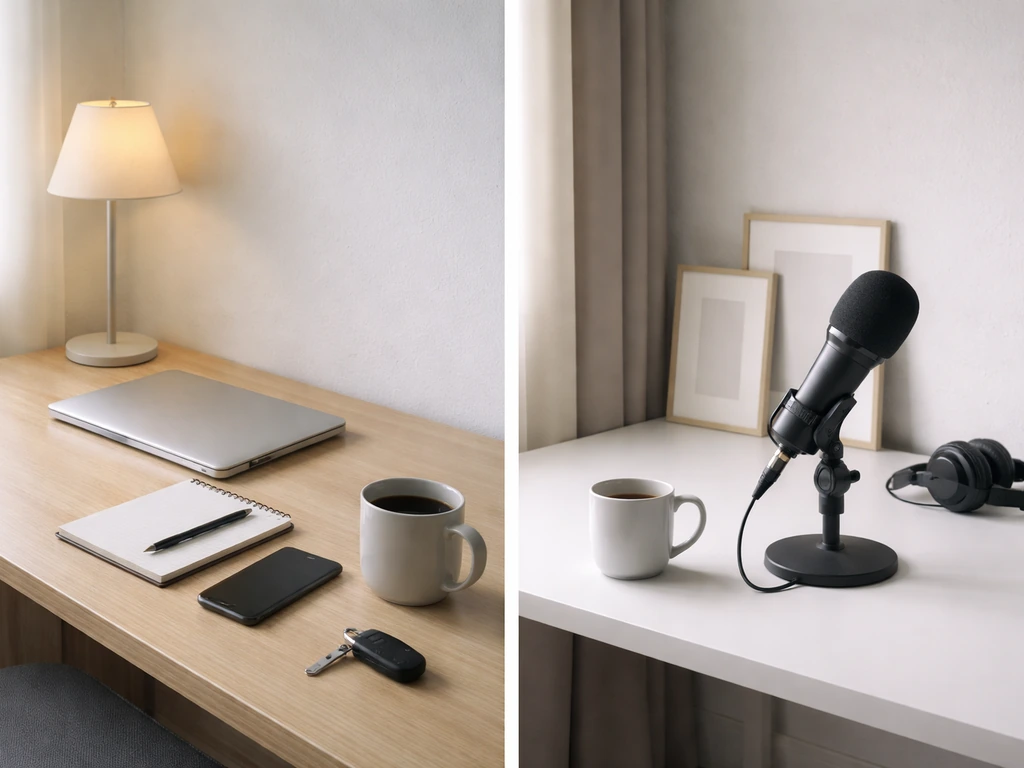 Minimal split-scene desk and studio items suggesting cross-checking public signals and lifestyle proxies.