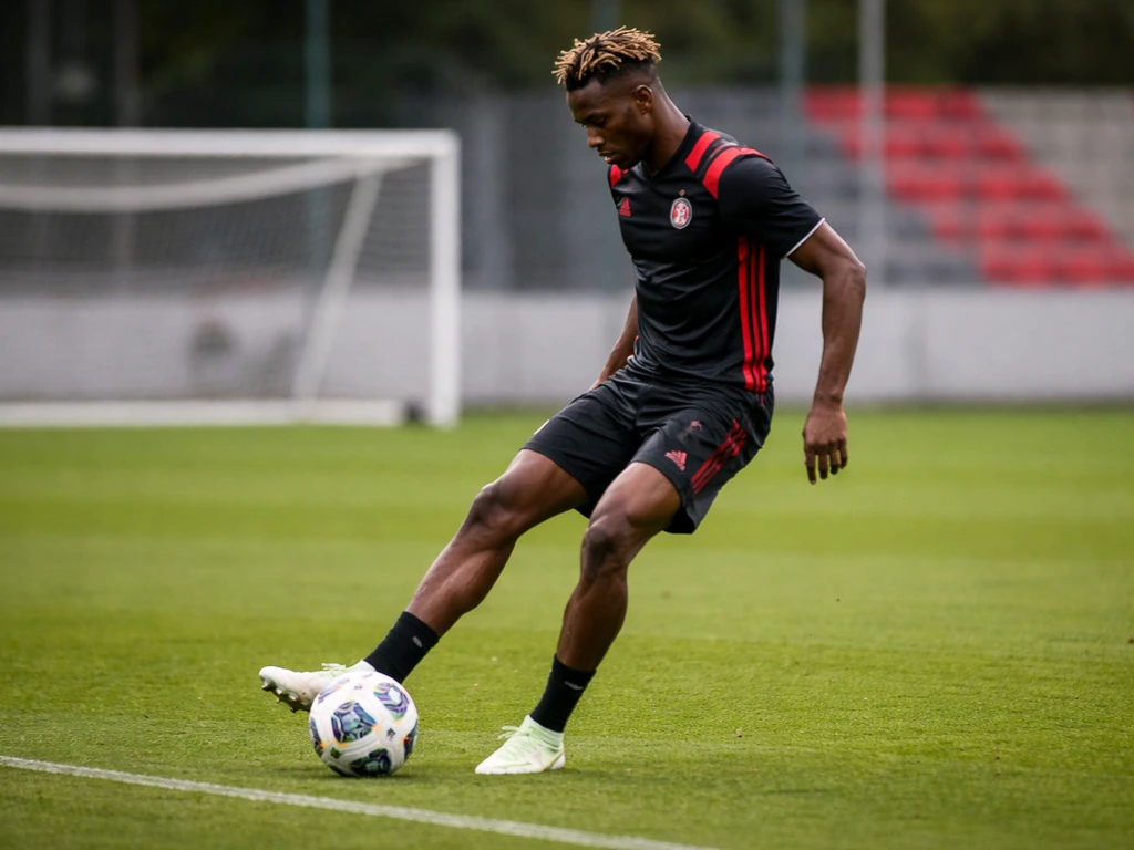 Footballer in Bayer Leverkusen training kit controlling the ball on a quiet pitch