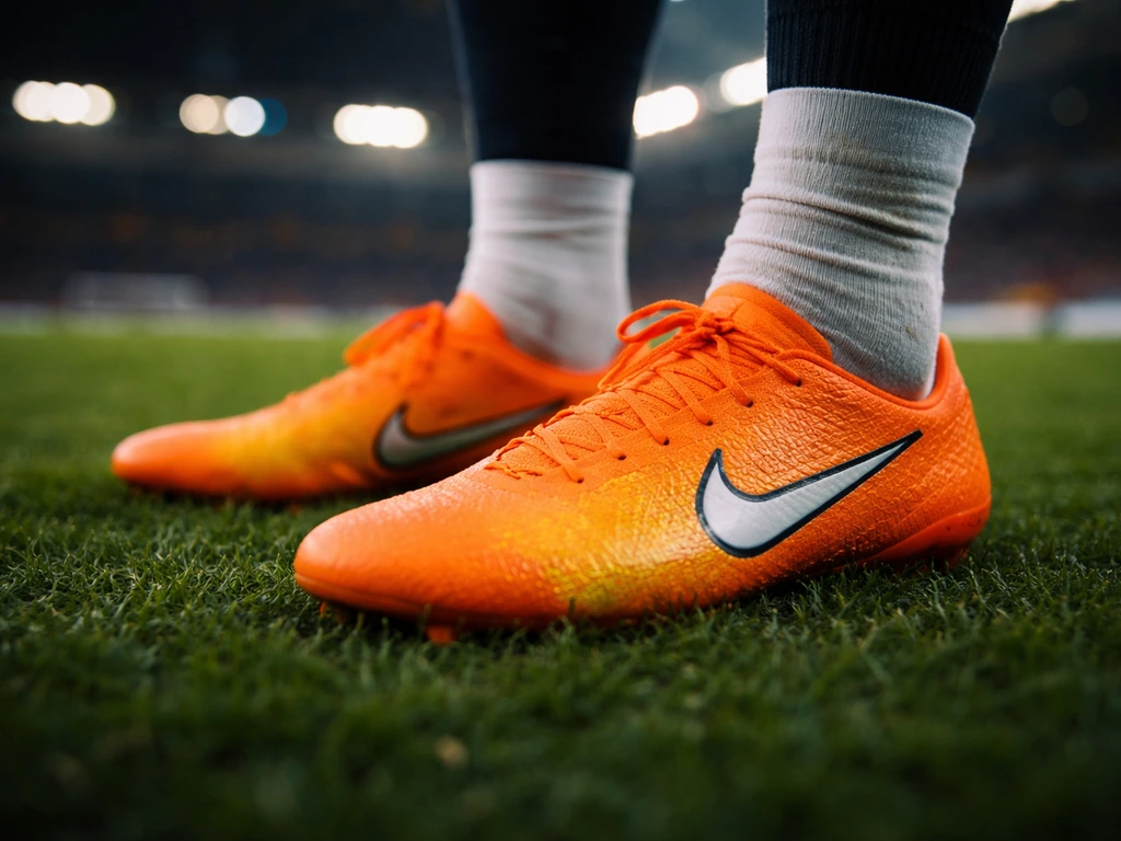 Close-up of Nike football boots on a green pitch with blurred match-day background lights.