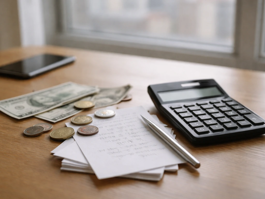 Desk with scattered currency, a calculator, and printed papers showing mismatched figures from different sources
