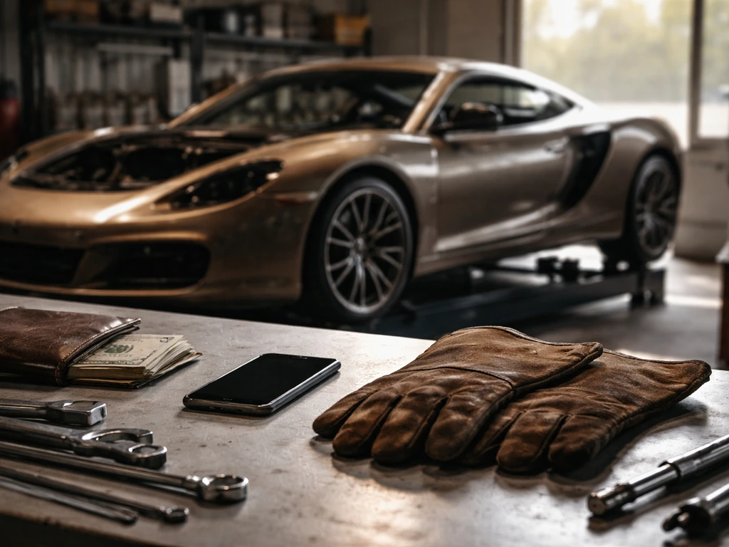 Custom car builder workspace with luxury car details and a subtle money theme, photo-realistic
