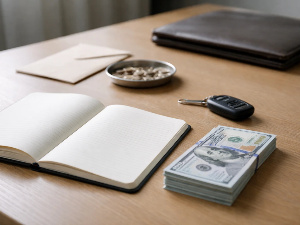Minimal office desk with banknotes, car keys, and blank notebook suggesting assets and liabilities.