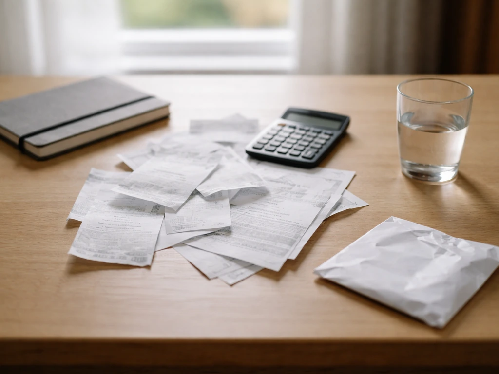 Overhead view of a messy desk with calculator and unpaid bills symbolizing uncertain net worth estimates.