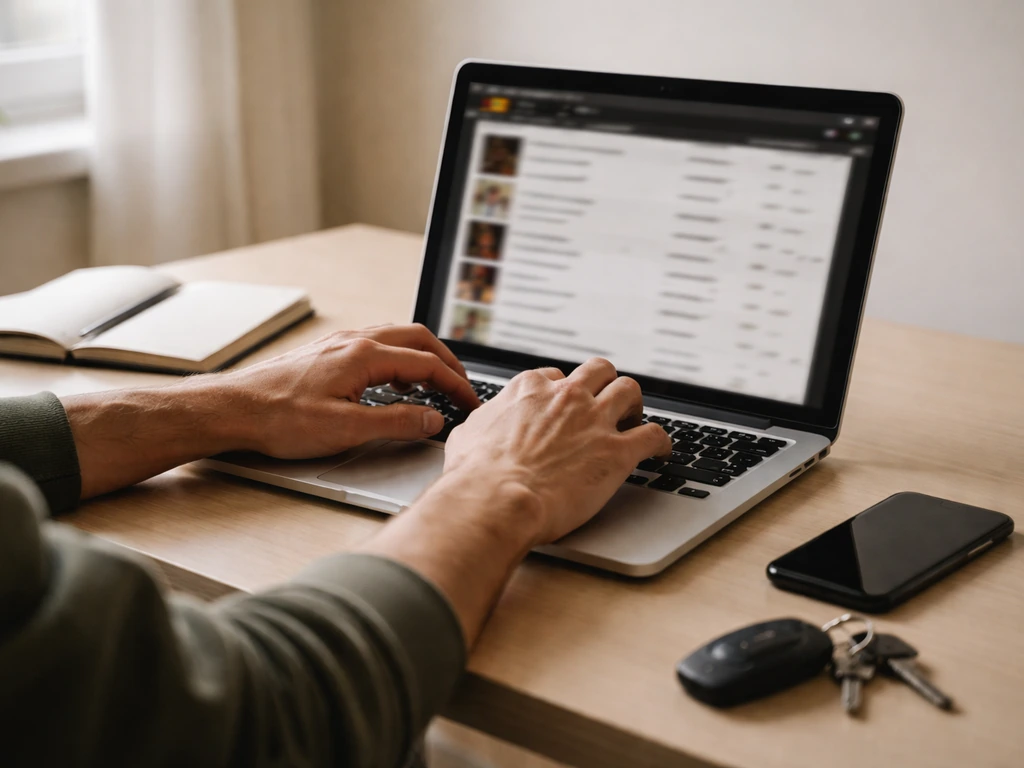 Person reviewing a laptop browser page for media credits, with a notebook and car keys nearby