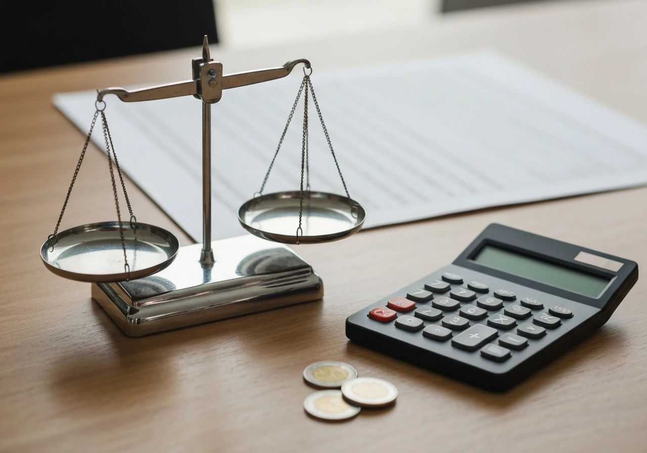 Minimal office scene with a calculator and balance scale over subtle ledger paper, suggesting net worth estimation range