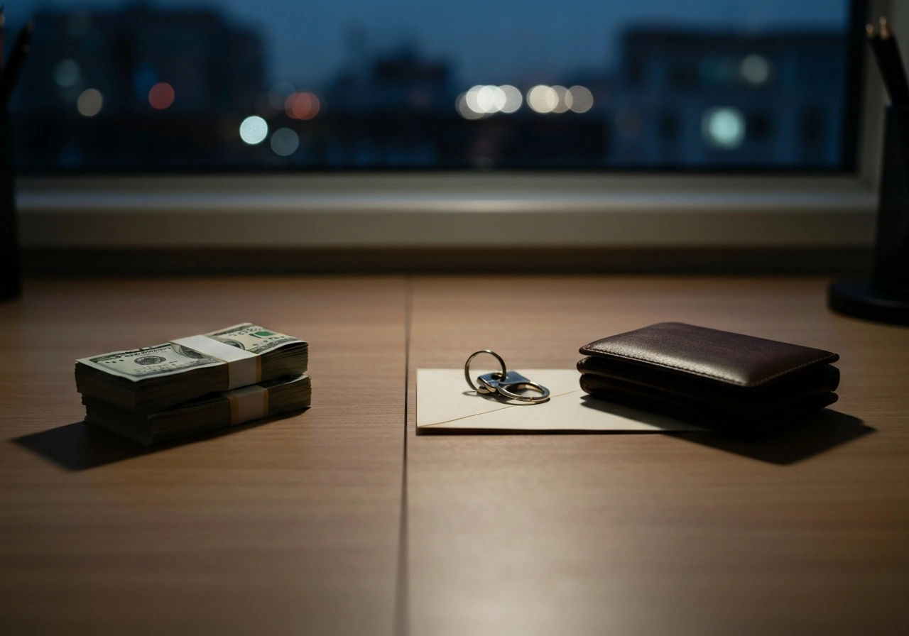 Minimal studio desk scene with a cash envelope, watch, and blurred city lights suggesting assets vs debts.