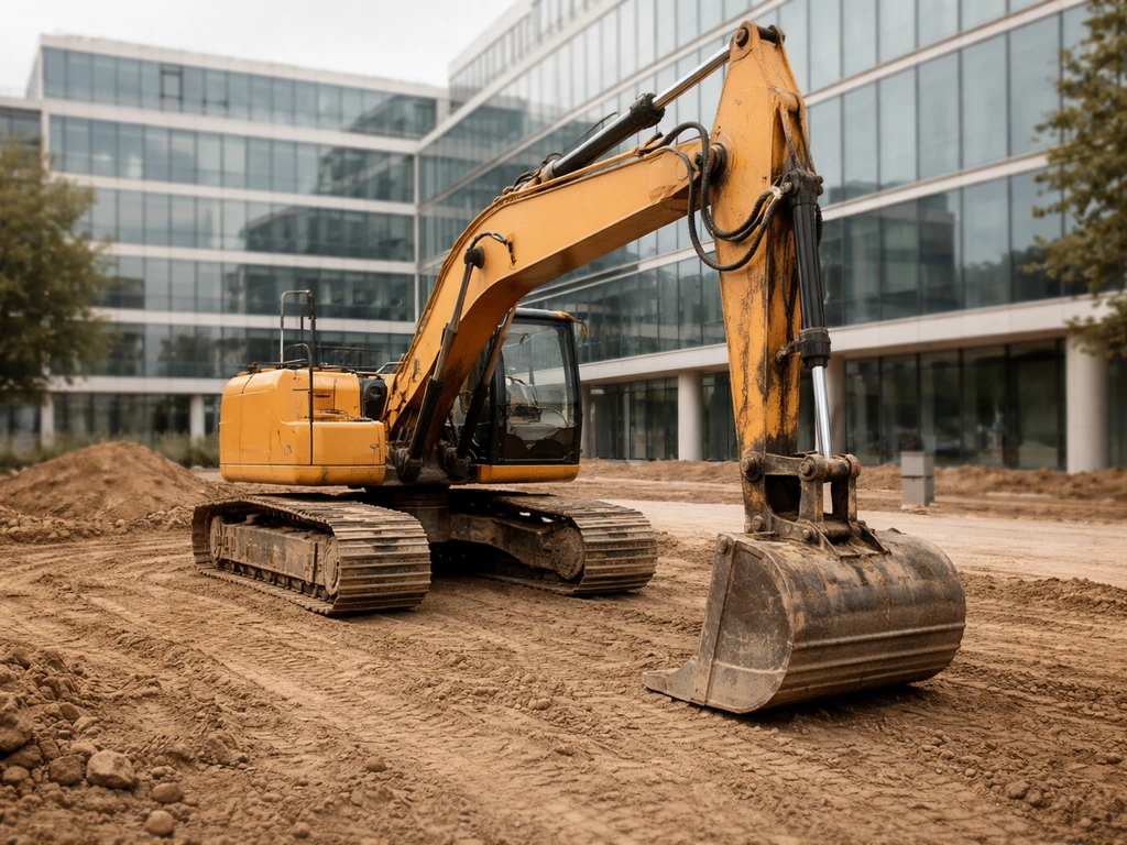 Cleveland-area heavy construction setting with a financial-themed tone—an excavator beside a modern office facade.