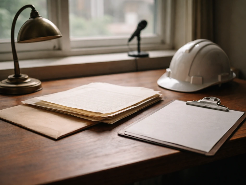 Minimal symbolic scene of a quiet office desk with old documents and a microphone for identifying a public figure
