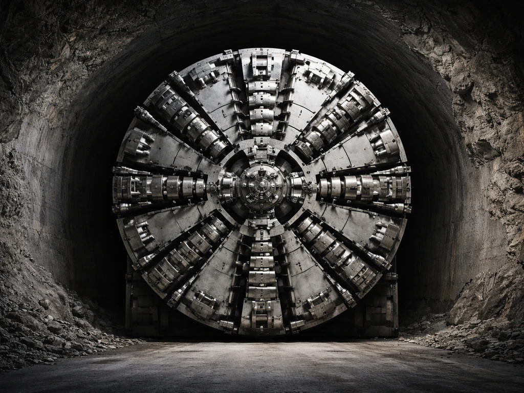 Schematic-style hard-rock tunnel boring machine concept with rotating cutter head in a minimal tunnel.