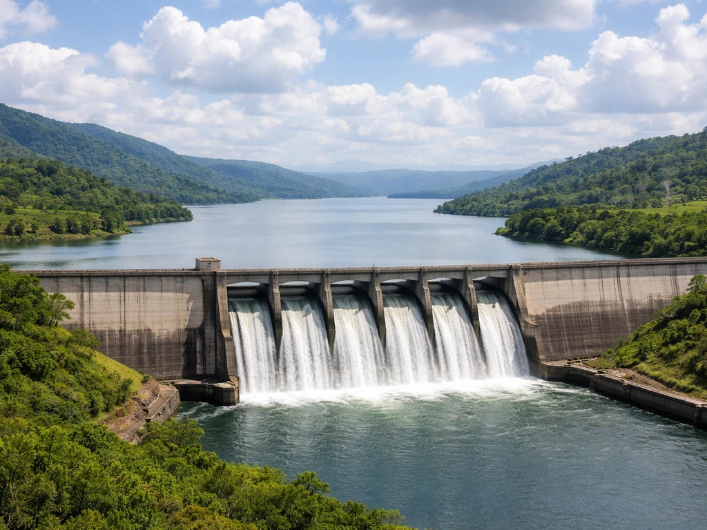 A wide view of a Brazilian hydroelectric dam with reservoir and river in soft daylight.