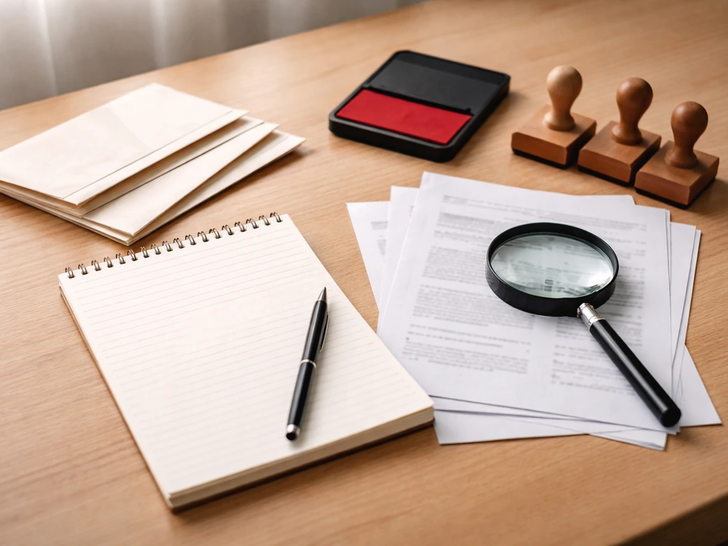 Minimal office desk scene with a notepad, stamps, and a magnifying glass over documents suggesting credibility research
