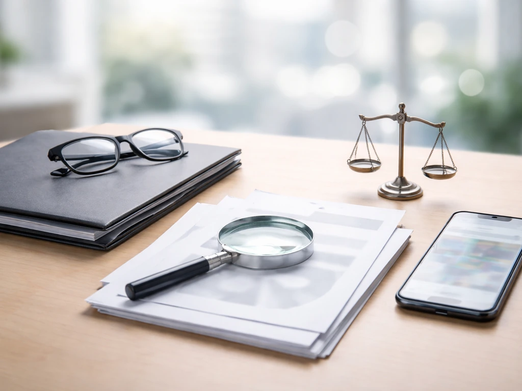 Minimal desk scene with magnifying glass, documents, and a small balance scale symbolizing net-worth verification.