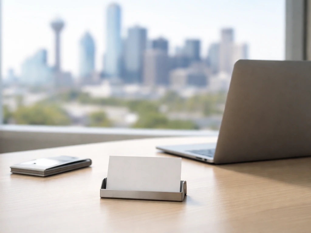 Minimal office desk scene with a business card, a skyline through window, and a keycard holder to suggest a specific CEO