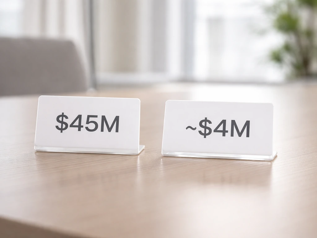 Minimal luxury office desk with two clean financial number cards showing gross revenue $45M and adjusted EBITDA ~$4M.