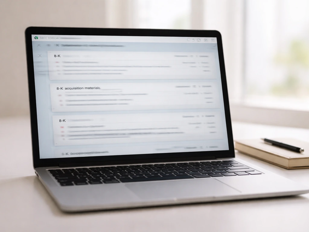 Close-up of a laptop showing SEC EDGAR-style document panels with 8-K and acquisition materials, no readable text.