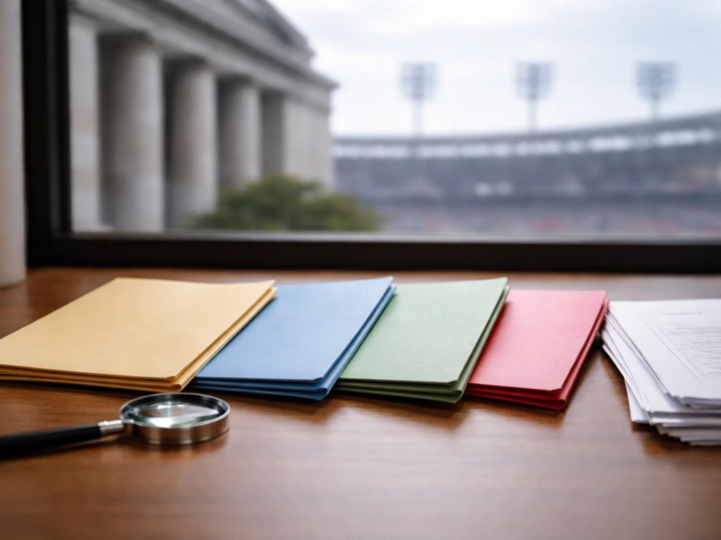 Desk scene with four color-coded folders, documents, and a magnifying glass suggesting evidence categories.