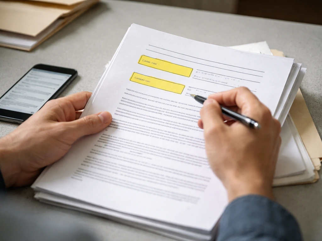 Close-up of hands searching legal court records with highlighted fields on a document
