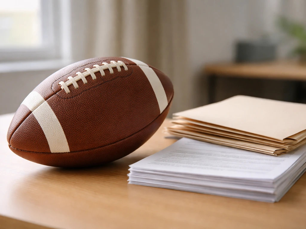 Close-up of a football resting on a desk beside UEFA-style paperwork folders, symbolizing club financial reporting.