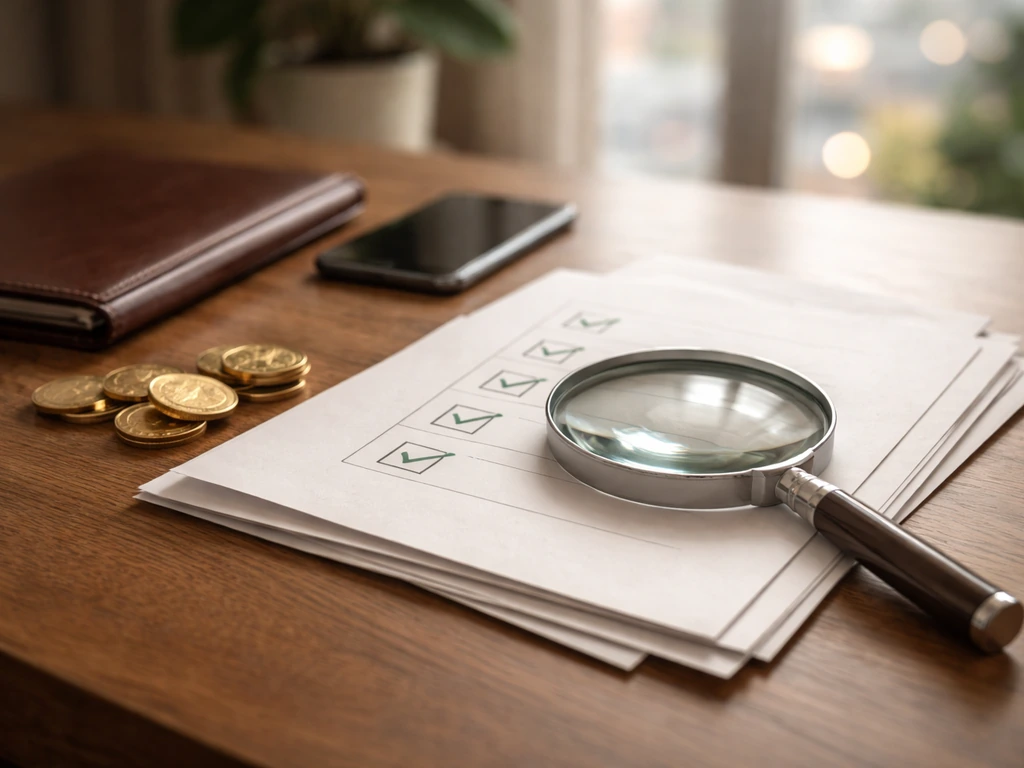 Magnifying glass over blank financial documents and checklist on a desk with coins, symbolizing verification.