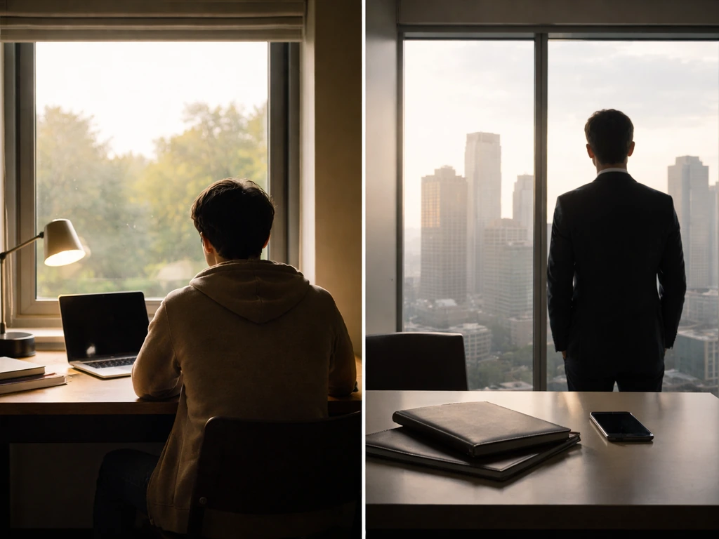 Split-screen photo-style scene showing two anonymous business settings labeled by context, not names.