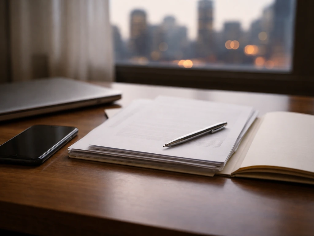Minimal desk scene with phone, documents, and a blurred city skyline hinting at net-worth analysis