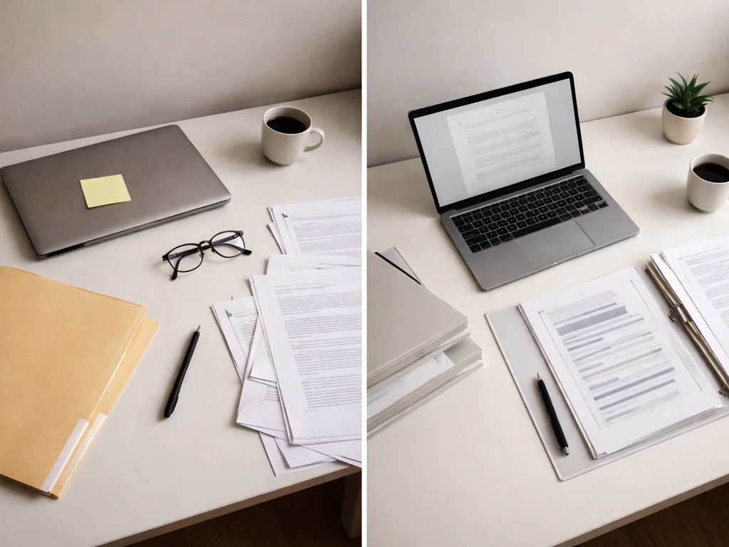 Minimal split desk scene contrasting private limited filings vs public transparency, using folders and documents.