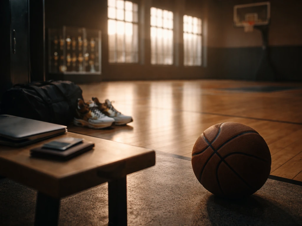 Empty indoor basketball court at dusk with a ball, sneakers, and a closed laptop for a sports finance context.