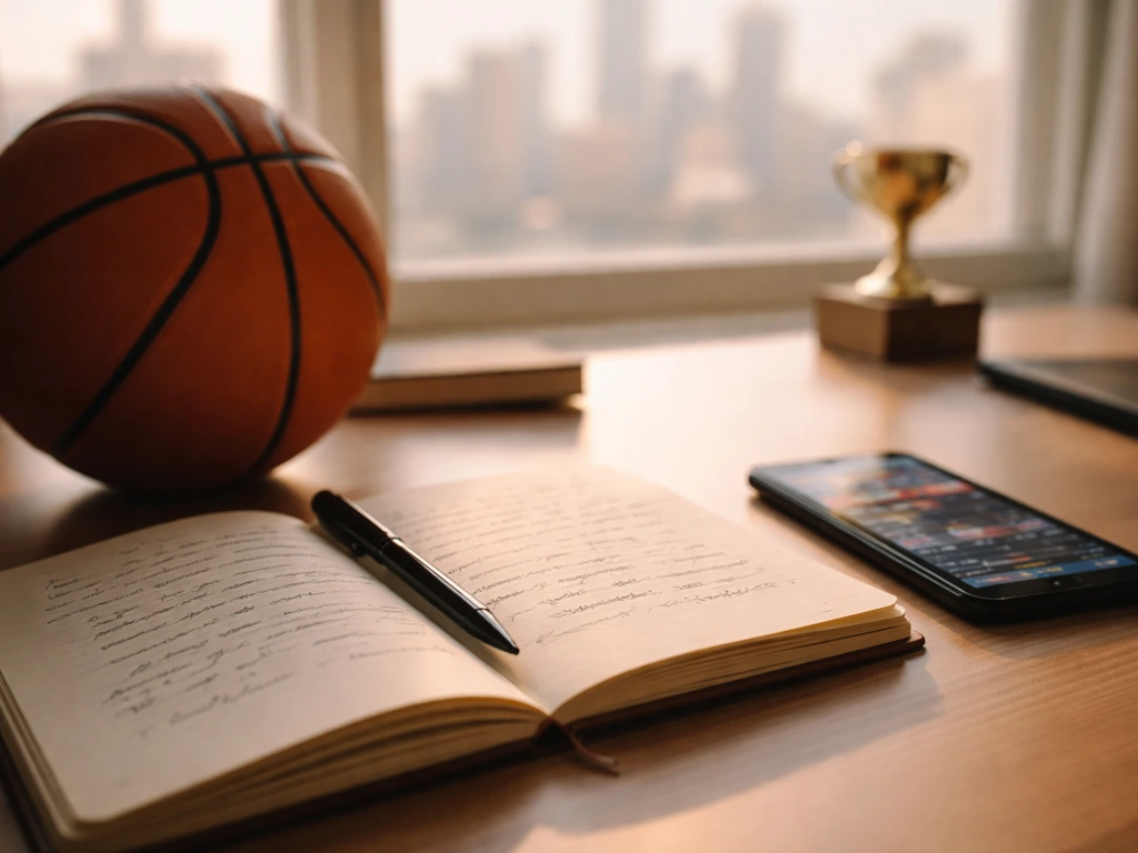 Basketball on a desk beside notes and a blurred phone screen, symbolizing finance review without showing the player.