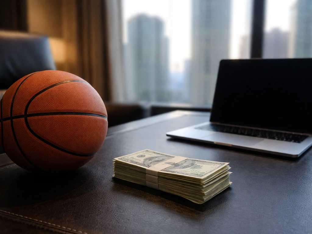 Basketball on an office desk with cash and a closed laptop, suggesting league salary earnings.