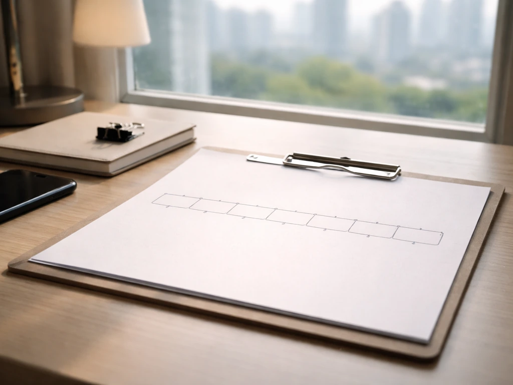 Minimal office scene with a blank estimate timeline board to symbolize changing net worth over career stages.