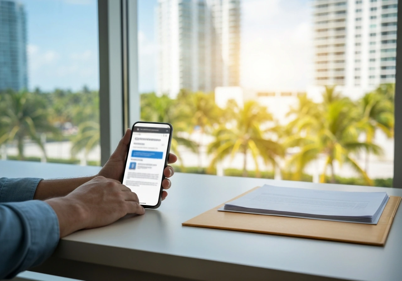Hands checking a blurred government business-record page on a phone beside blank documents with Miami Beach view.