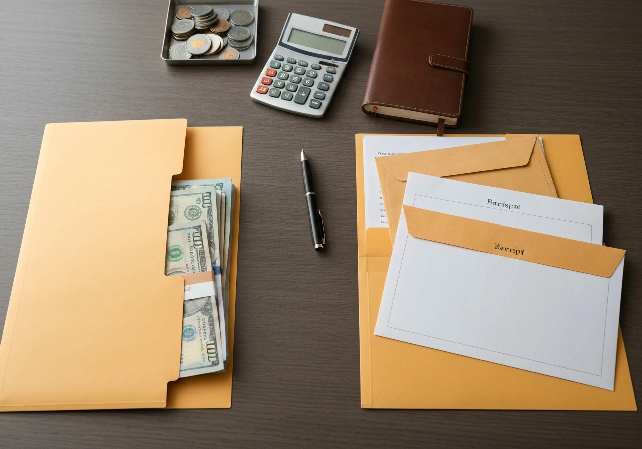 Minimal desk scene with folders and envelopes showing asset vs liability concept, no text.