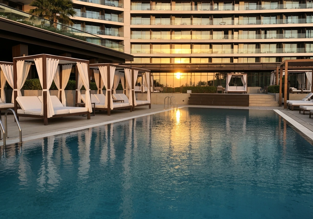Luxury hotel resort exterior with an elegant pool and cabanas in warm golden-hour light.