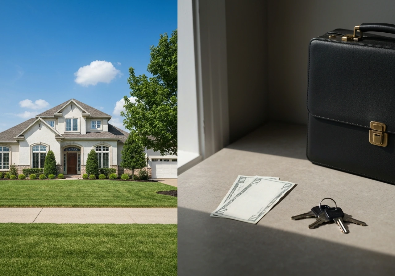 Side-by-side image of luxury home assets and a dim workspace with bills and keys suggesting liabilities.