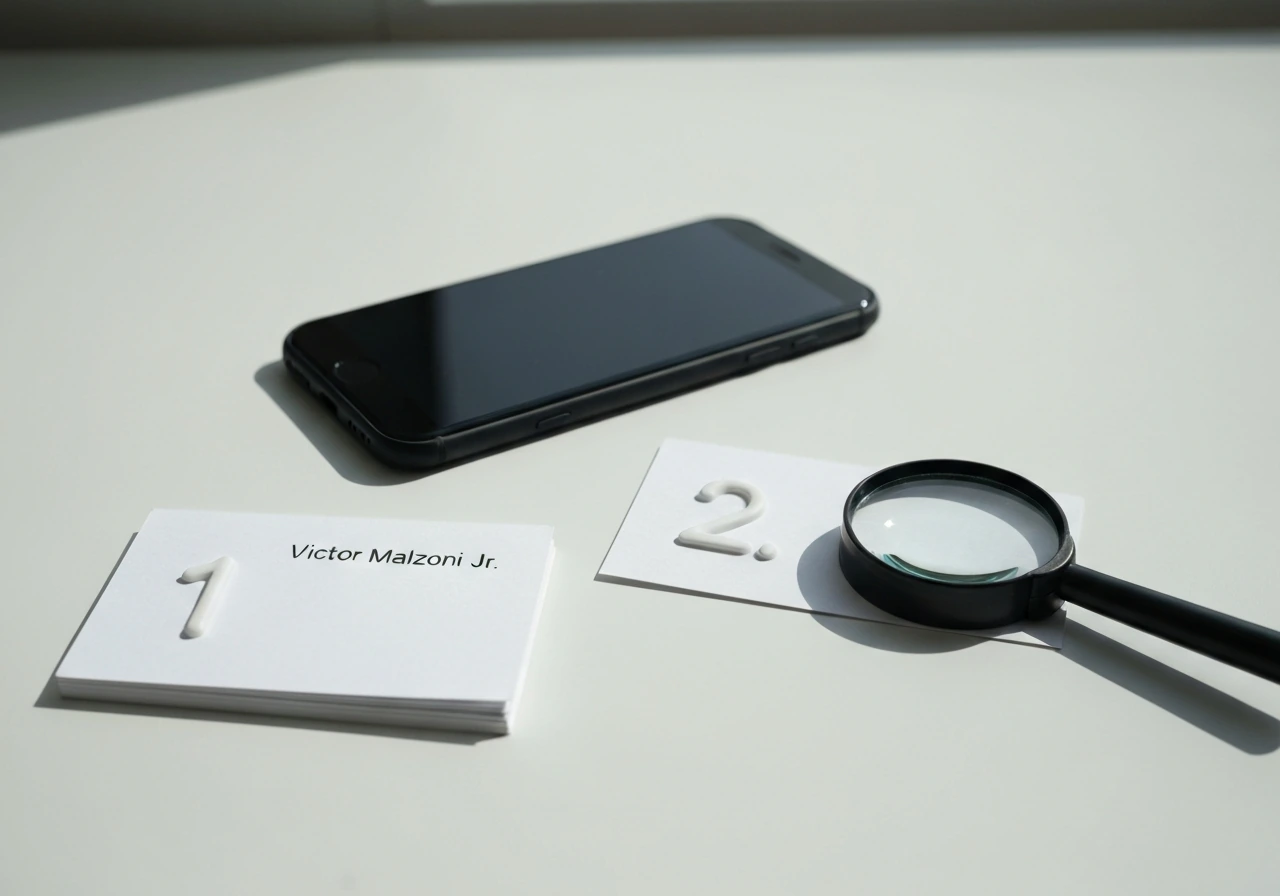Split-style search disambiguation scene with two business cards labeled only by numbers, showing Jr. suffix check concep